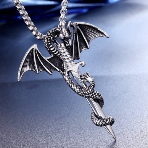 Flying Dragon With Sword Necklace - Silver