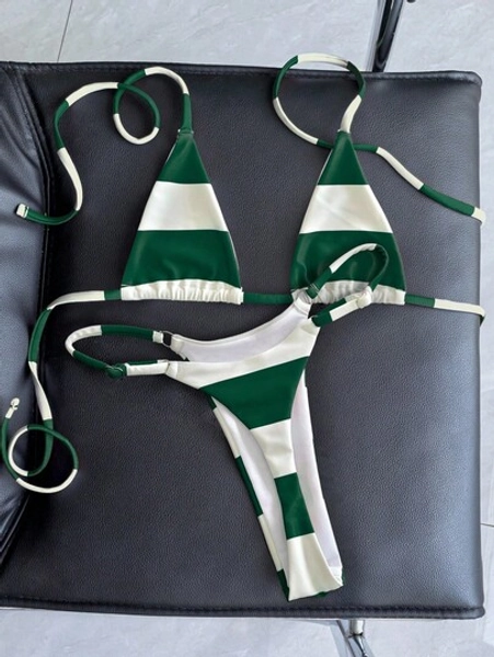 Swim Vcay Red & White Striped Micro-Bikini, Thong Swimsuit, Sexy Style For Summer Beach Vacation