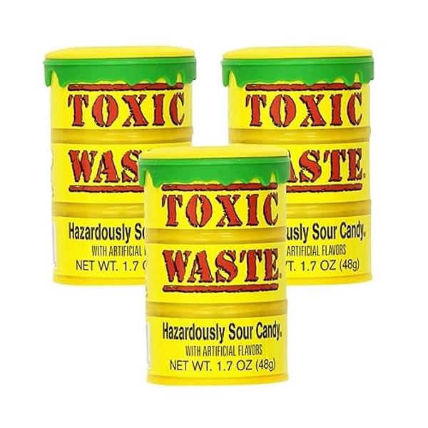 TOXIC WASTE | 3-Pack Toxic Waste Original Yellow Drums of Assorted Sour Candy - 5 Flavors: Apple, Watermelon, Lemon, Blue Raspberry, and Black Cherry (1.7 oz) - Sour - 1.7 Ounce (Pack of 3)