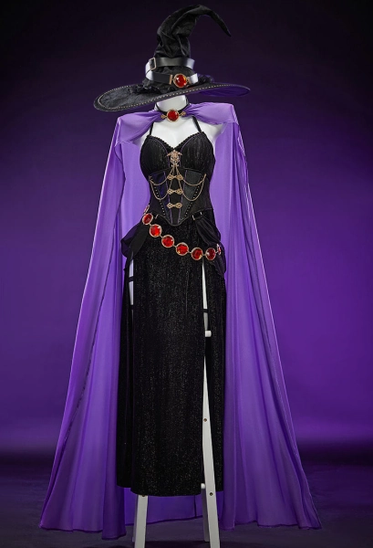 Raven Derivative Halloween Gothic Witch Cosplay Costume Halter Neck Dress with Cape and Hat