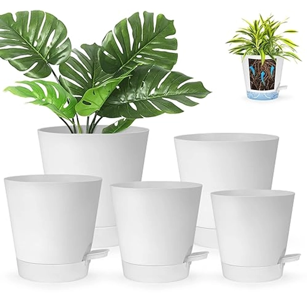 RIOGOO Self Watering Planters,Plastic Planter with Removable High Drainage Deep Reservoir to Maintains Healthy Roots,Modern Decorative Plant Pots for Indoor Plants (7"+6.5"+6"+5.5"+5" White)