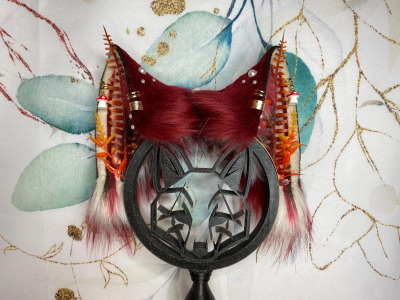 Limited Edition Fly agaric fox ears handmade from faux fur for cosplay, therian, furry, streamer wearable as a headband