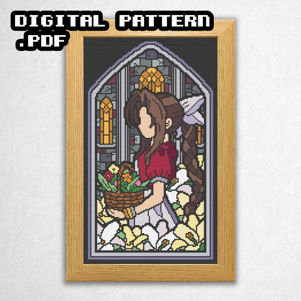 The Flower Girl - Stained Glass Style Cross Stitch Pattern, Instant Download PDF, Retro Classic Video Game Pixel Counted Crossstitch Design
