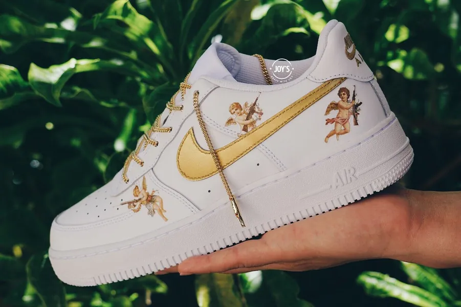 Custom Nike Air Force 1 Sneakers. Golden Cherub Angels. Golden Chain Laces. NEW!