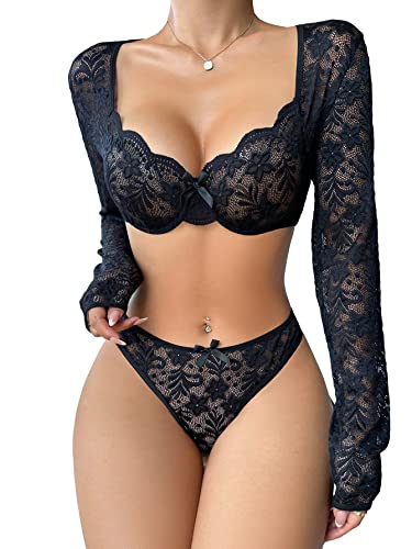 OYOANGLE Women's 2 Piece Floral Lace Long Sleeve Underwire Bra Top and Low Rise Panty Lingerie Set - Small - Black