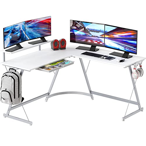 SHW Vista L-Shape Desk with Monitor Stand, White - w/ Monitor Riser - White