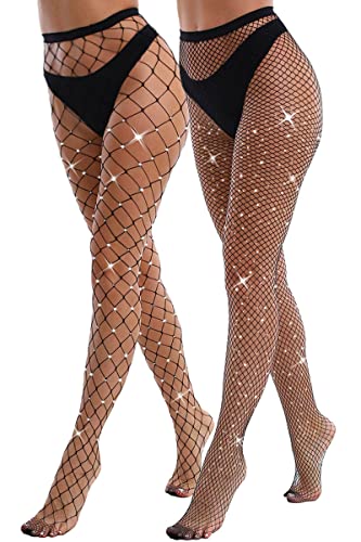 VEBZIN 2 Pack Sparkly Large And Medium Mesh Fishnet Tights For Women Sexy Glitter Rhinestone Fishnets Stockings - One Size - Black