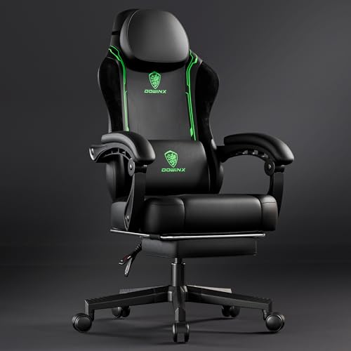 Dowinx Gaming Chair with Pocket Spring Cushion and Massage Lumbar Support, Ergonomic Computer Chair with Footrest for Adults, High Back Leather Game Chair for Office Gaming 300LBS, Green - Green
