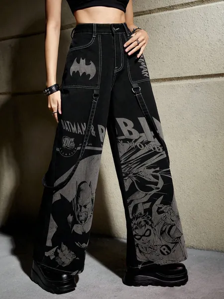 Batman X ROMWE Figure Graphic Wide Leg Jeans