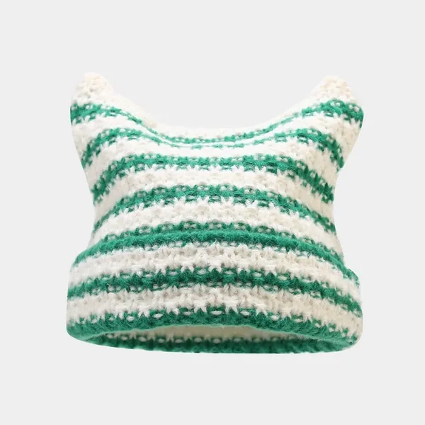 Cat Ears Streetwear Harajuku Beanie Little Devil Striped Knitted Hat - Green striped / head 56-59cm