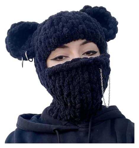 NEIM Knitted Ski Mask Crochet Beanie Hat Face Mask, 3D Funny Bunny Bear Cat Ear Hat for Women Men - One Size - Black Bear-1