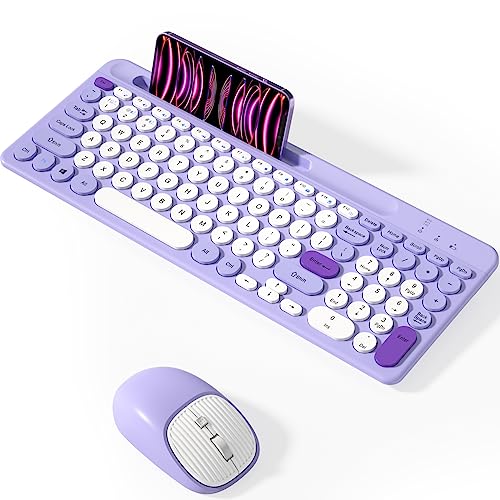 Bluetooth Keyboard and Mouse Wireless, Rechargeable Keyboard and Mouse Combo with Phone Holder (Bluetooth 5.0+3.0+2.4GHz) Quiet Ergonomic Compatible with Mac/Windows/iOS/Android (Purple) - Purple