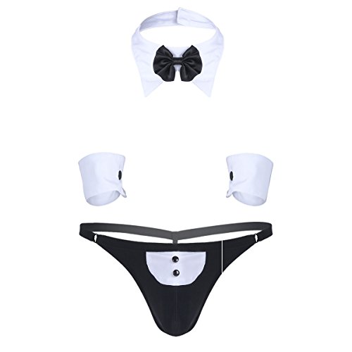 easyforever 3Pcs Mens Waiter Lingerie Set Tuxedo G-String Thong Briefs Underwear Suit for Cosplay - Medium - Black&white
