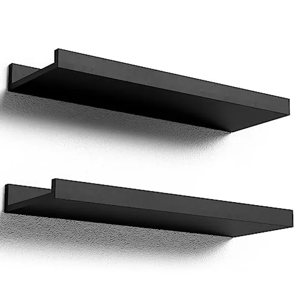 Boswillon Floating Shelves Wall Mounted Set of 2, Modern Black Wall Shelves for Storage with Lip, Display Picture Ledge Shelf for Wall Decor Bedroom Living Room Bathroom Kitchen