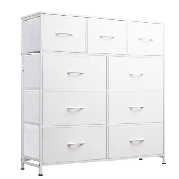 WLIVE 9-Drawer Dresser, Fabric Storage Tower for Bedroom, Hallway, Closet, Tall Chest Organizer Unit for Bedroom with Fabric Bins, Steel Frame, Wood Top, Easy Pull Handle, White