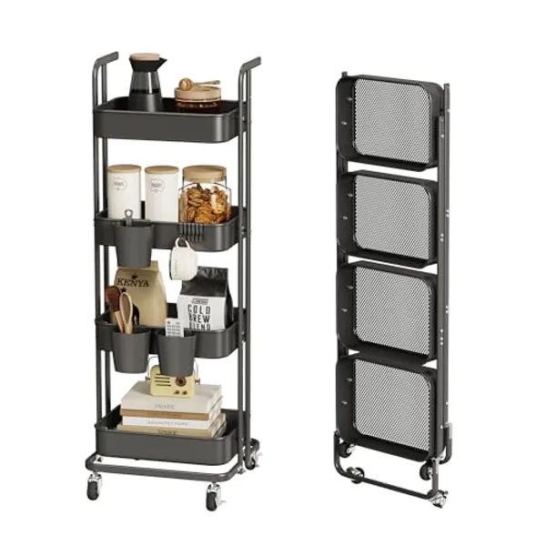 Merapi 4 Tier Foldable Rolling Cart, Metal Utility Cart with Wheels, 3 Hanging Cups and 6 Hooks, Folding Trolley for Living Room, Kitchen, Bathroom, Bedroom and Office, Black