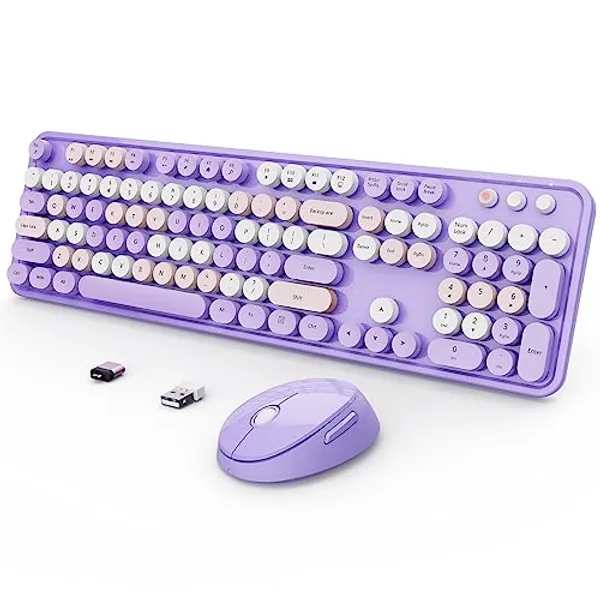 Wireless Keyboard and Mouse Combo, Ergonomic Full Size Typewriter Retro Round Keycaps Keyboard, Compatible with Windows, PC, Perfer for Home and Office Keyboards (Purple