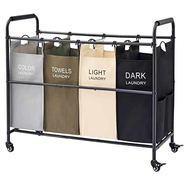 Tajsoon 4 Bag Laundry Sorter Cart, Laundry Hamper Sorter Basket with Heavy Duty Lockable Rolling Wheels for Clothes Storage, 4 Colors