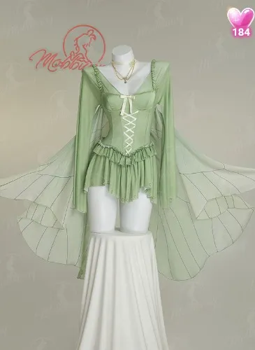  Lingerie Set Green Ruffle Elegant Bodysuit and Necklace with Stockings
