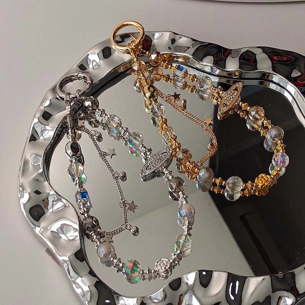 2PCS Sparkling Planet Keychain Crystal Beaded Phone Lanyard Chain