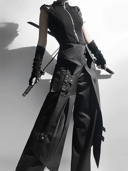 [$89.25]All Black Ouji Fashion Techwear Gothic Full Set - Sleeveless Top + Pants + Apron + Belt