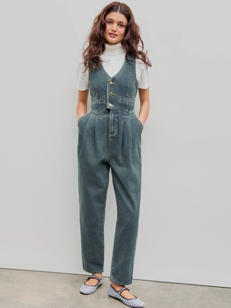 Denim V-neck Belted Straight Leg Jumpsuit