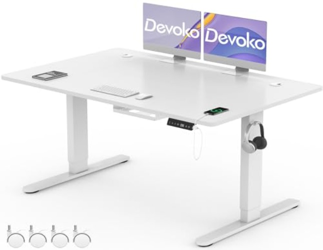 Devoko Bureau Assis Debout 140×80cm Bureau Électrique, Bureau Réglable en Hauteur avec Chargeur USB, 3 Positions Mémorisables et roulettes (140 × 80 cm, Blanc) - 140x80cm - Blanc