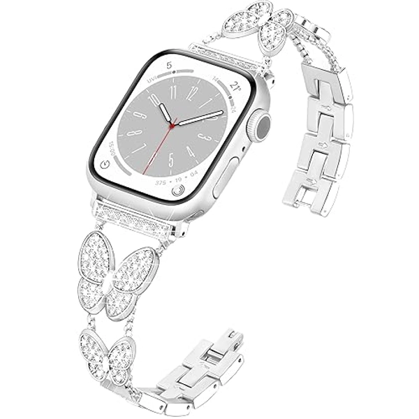 wipalor Bling Metal Band for Apple Watch Bands for Women 44mm 45mm 42mm 49mm, Thin Dressy iWatch Bands, Slim Cute Butterfly Bracelet for iPhone Watch Bands Series 9 SE 8 7 6 5 4 3 2 1 Ultra-Silver