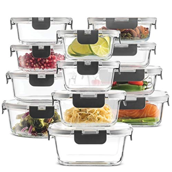 FineDine 24 Piece Glass Storage Containers with Lids - Leak Proof, Dishwasher Safe Glass Food Storage Containers for Meal Prep or Leftovers, Gray