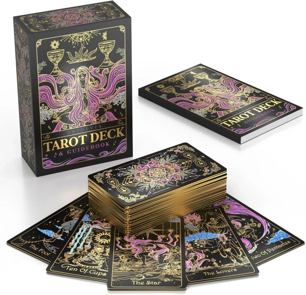Tridevia Golden Foil 78-Card Tarot Deck with Enlightening Affirmations in a Luxury Collector’s Box