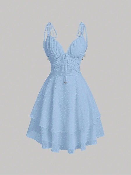 SHEIN MOD Ponto Suíço Amarrar O Ombro Cordão Frontal Duas Camadas Bainha Vestido Cami