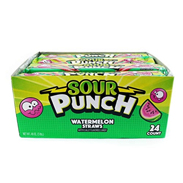 Sour Punch Watermelon Sour Straws, 2oz Tray, (24 Pack)