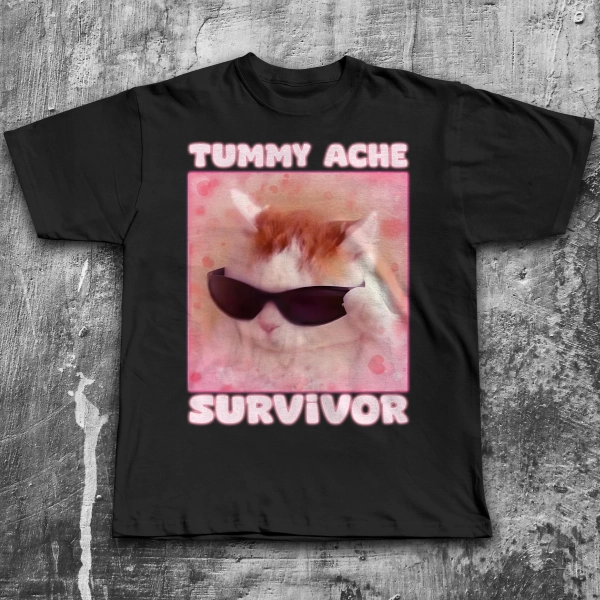 Tummy Ache Survivor Funny Cat Meme T-shirt Gift for Woman Goofy Ahh Cats Tee Shirt Trendy Summer Clothes Ironic T-shirt Silly Stupid Cat Tee