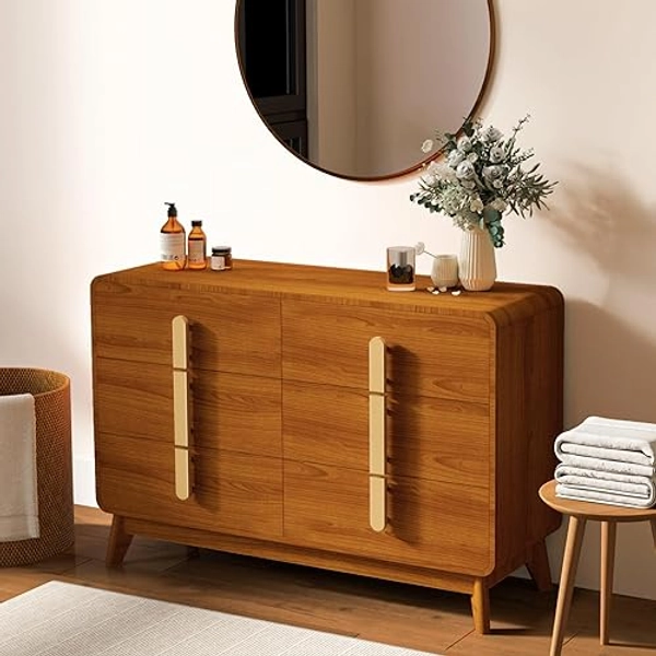 JOINICE 6 Drawer Dresser, Mid Century Modern Dresser with Storage, Wide Chest of Drawers, Dresser TV Stand with Metal Handles,Large Wood Drawer Organizer for Bedroom,Living Room,Hallway,Cherry