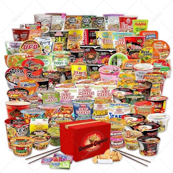 Assorted Ramen Variety Bundle. Instant Noodle Box w/Fortune Cookie & Chopsticks - Nong Shim, Nissin, Samyang, Mama, Acecook, Kung-Fu, Ottogi with Extra Mix Brands. (15 pack cups, 5 assorted bags)