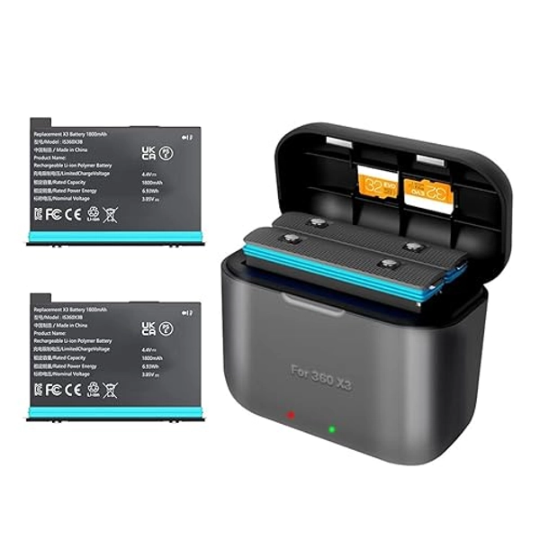 NBZZ 2 Packs Insta 360 X3 Battery with Charger Hub for Insta 360 ONE X3 Battery 1800mAh Insta 360 x3 Accessories with Misro SD Card Slots