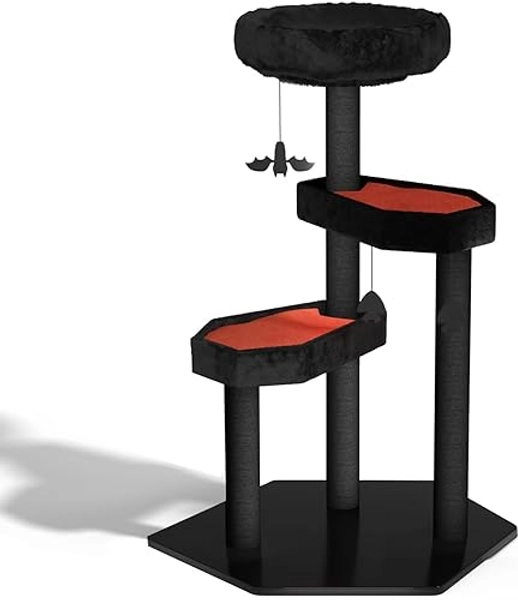 Happy & Polly Gothic Cat Tree with Coffin Bed - 40.9"Black Cat Tower with Soft Mats, Natural Sisal Scratching Posts, Bat Hanging Ball, Multi-Level Platform Cat Activity Center for Large Cats Halloween