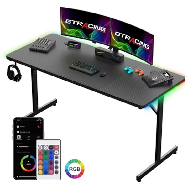 GTRACING 55" RGB Gaming Desk T-Shaped Office Desk Spacious Work Surface Table, Black
