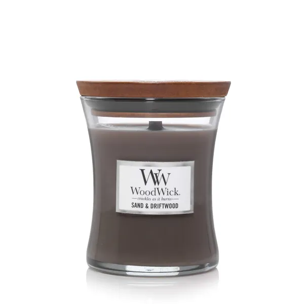 WoodWick bougie parfumée moyenne en jarre avec mèche qui crépite, Sable & Bois flotté, Temps de combustion jusqu’à 60 heures