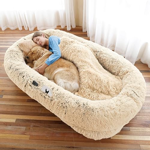 Human Dog Bed, 71''x45''x12'' Size Fits You and Pets, Washable Faux Fur Dog Bed for People Doze Off, Napping Orthopedic Dog Bed, Present Plump Pillow, Blanket, Strap - Beige - 71.0"L x 45.0"W x 12.0"Th - Beige