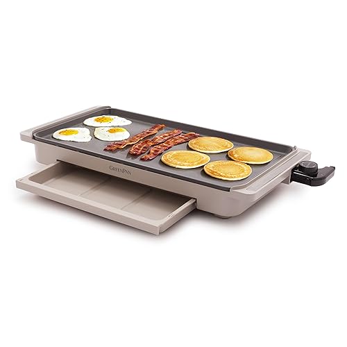 GreenPan Advanced 10.5”x 20” Electric Griddle with Warming Drawer, Healthy Ceramic Nonstick PFAS-Free Coating, Temperature Control, Easy and Versatile Countertop Meals, Dishwasher Safe, Clay - 10.5" x 20" Electric Griddle - Taupe