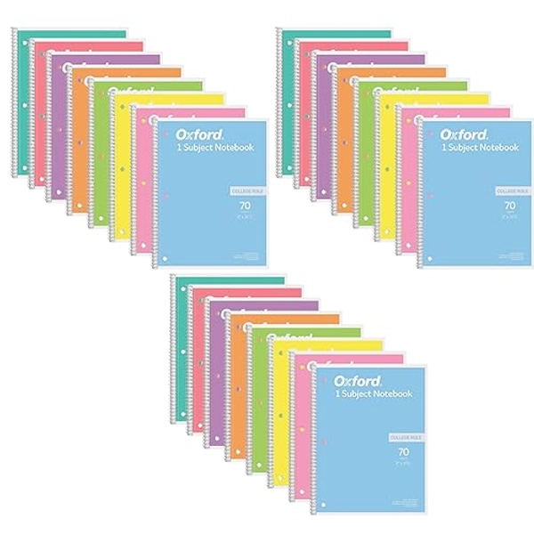 Oxford Spiral Notebook College Ruled - 24 Pack - 1 Subject Spiral Notebooks for Work and School - 8 x 10-1/2 Inch - 8 Pastel Colors - 70 Sheets