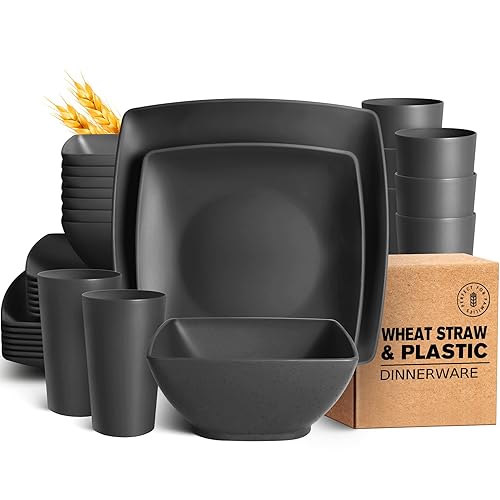 Teivio 32-piece Plastic Wheat Straw Square Dinnerware Set for 8, Unbreakable Dinner Plates, Salad Plates, Snack Bowls, Tumblers 20 oz, Dishwasher Safe, Black - Black