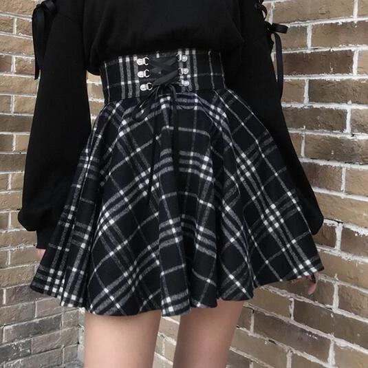 Black and White Checked Skirt by Army of Darkness - black plaid / S