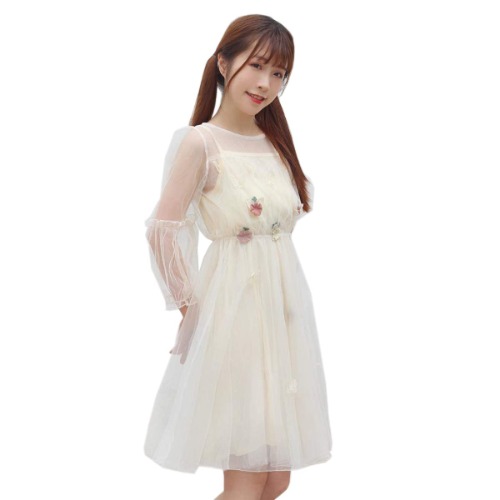 Japanese Lolita Dresses, Sexy Sweet 2 Piece Sets A-Line Flowers Princess Party Dress - Apricot