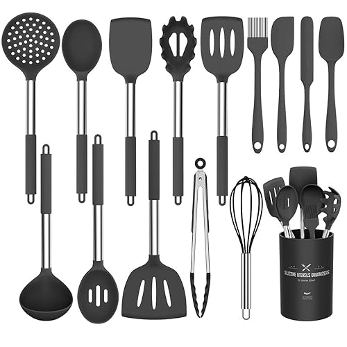 Silicone Cooking Utensil Set, Umite Chef 15pcs Silicone Cooking Kitchen Utensils Set, Non-stick - Best Kitchen Cookware with Stainless Steel Handle - Black - Black