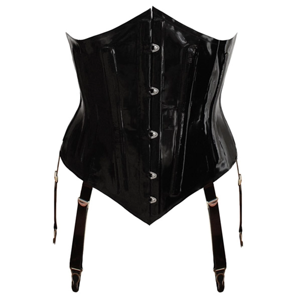 Latex Underbust Corset w/ detachable 6 suspenders, single trim top and busks in supatex black/supatex black