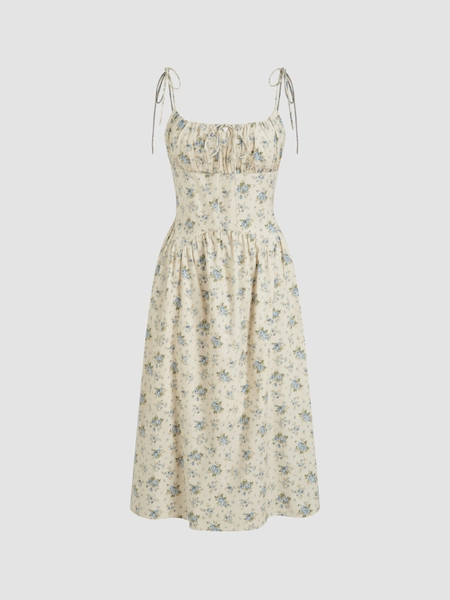 Cotton U-neckline Floral Knotted Shirred Ruffle Midi Dress
