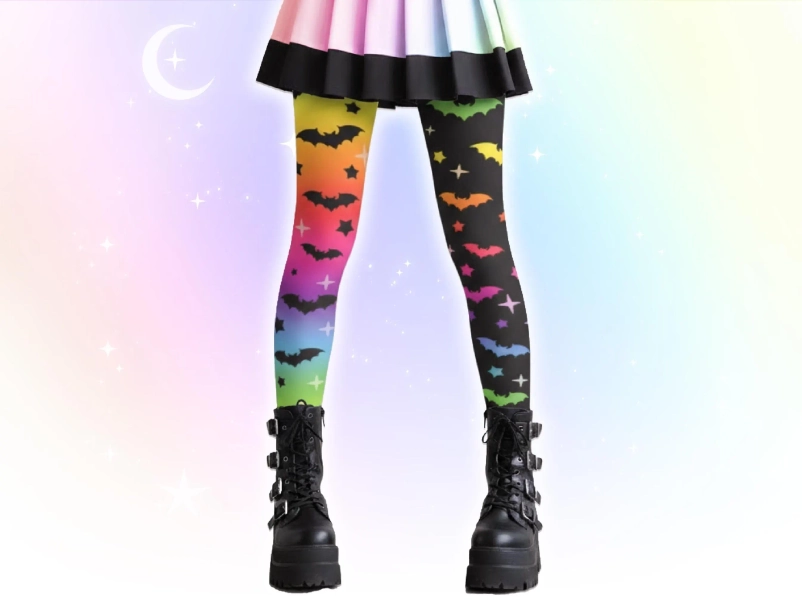 Pastel Goth Rainbow Bats Leggings, Cute Harajuku Alt Japanese Streetwear, Decora Kei J fashion Starry Yami Kawaii Tights, Colorful Stars Emo