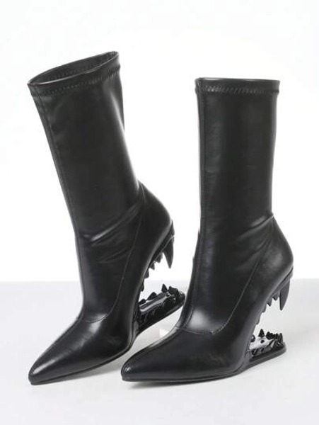 Women's Y2K Metallic Teeth Ankle Boots Fashion Pointed Toe Wedges Sculptural High Heels Slip On Party Sexy Boots Woman